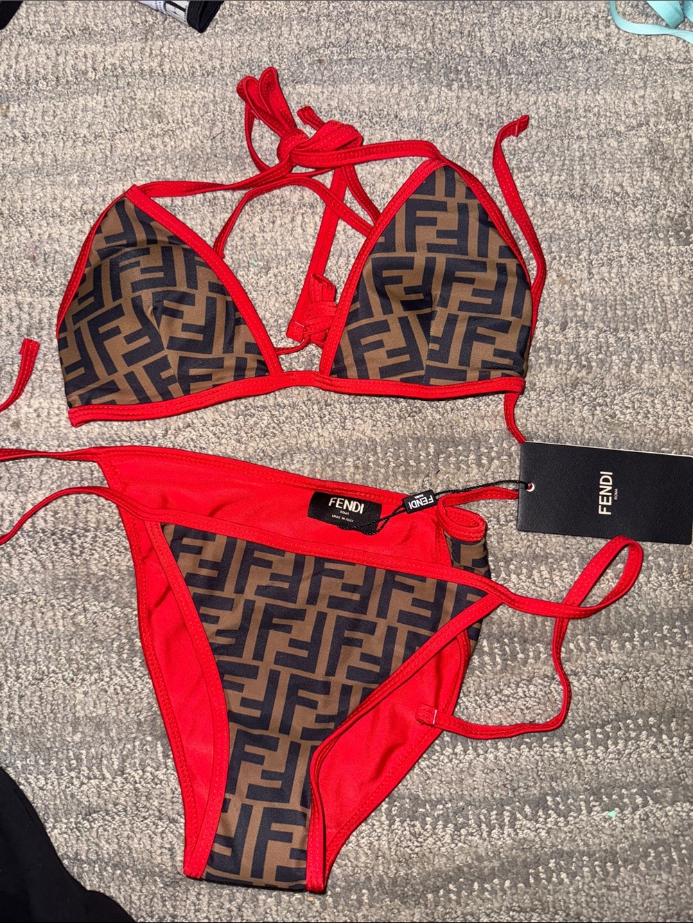 Fendi Brown FF Logo & Red Trim Triangle Bikini 👙 NWT